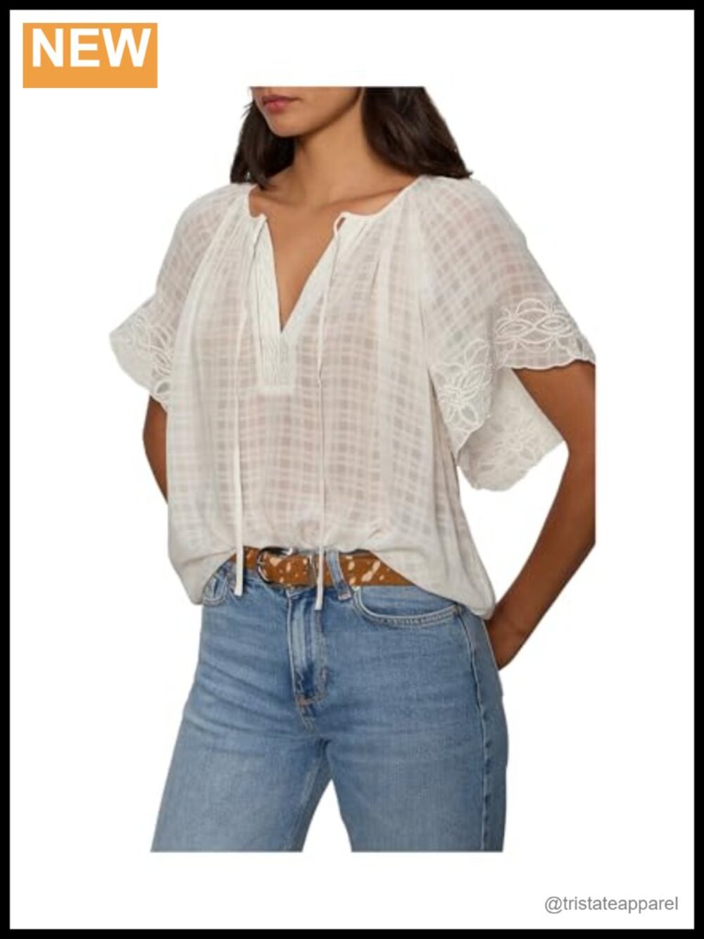 Embroidered Blouse V-Neck Short Sleeve 100% Polyester Pull-On